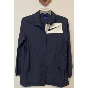 Nike Womens Small Blue Long Elastic-Waist Button-Up Logo Rain Jacket! A6733